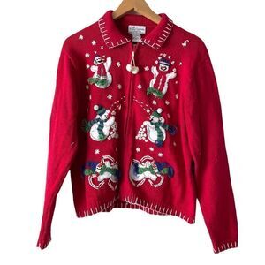 Vintage hand embroidered size 16 ugly red/snowmen zip collared Xmas sweater EUC